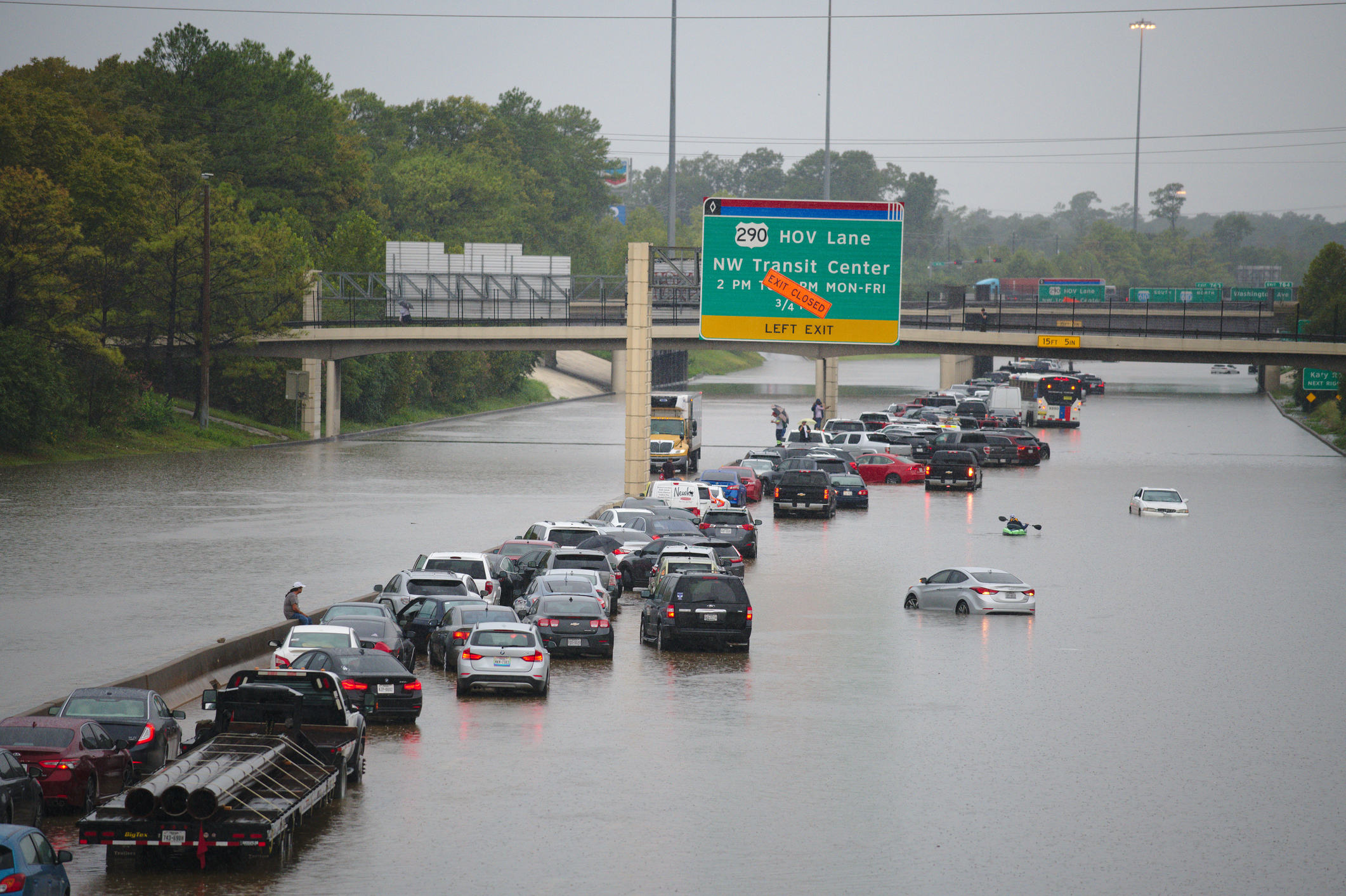 Stranded cars in the median of Interstate 10 in Houston, Texas