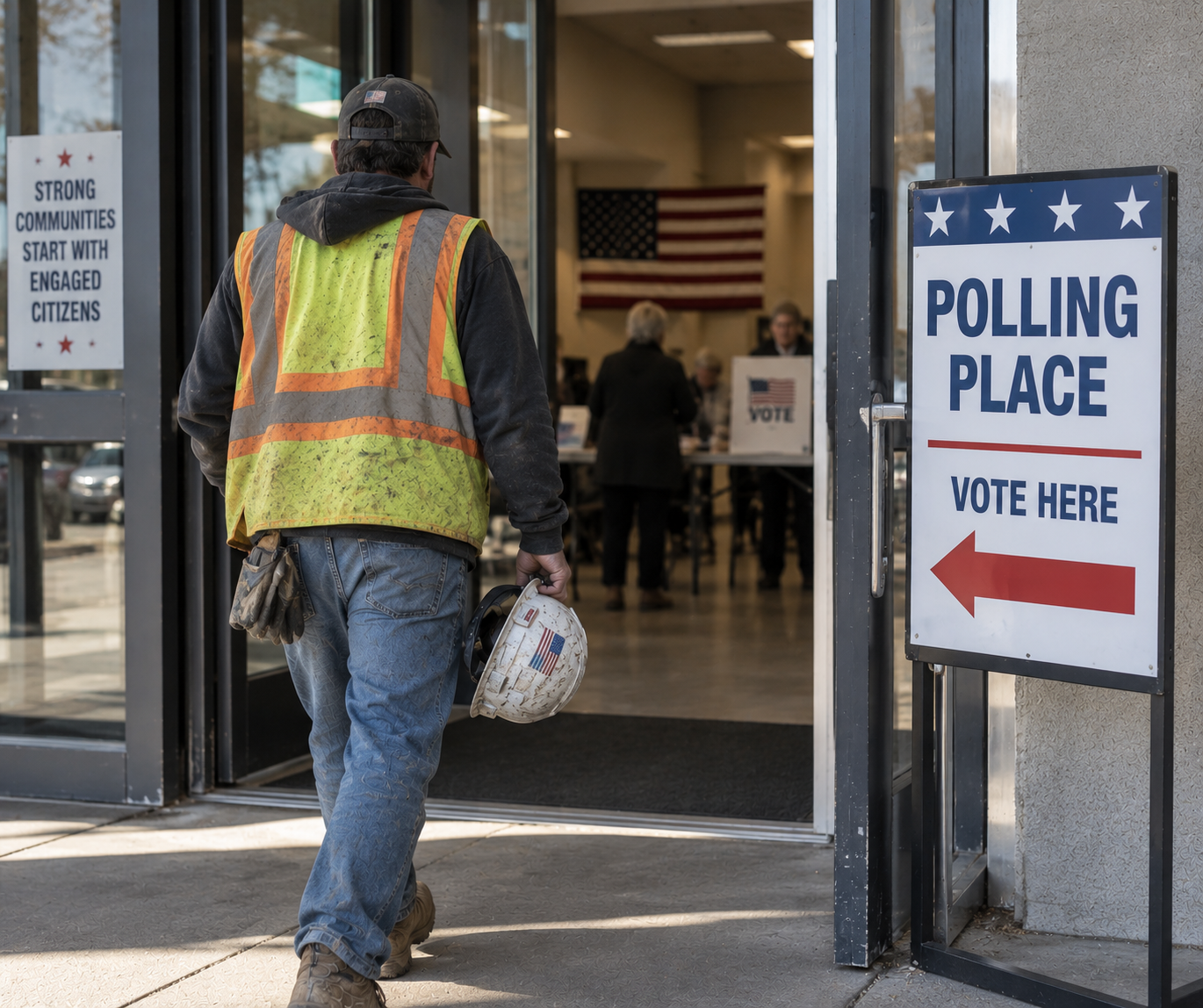 Construction worker walking into polling place